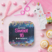 グラムブルーモダングリッターホットネオンピンクスウィート16 ペーパープレート (パーティー)