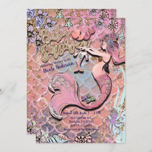 グラムプレゴマーメイド金ゴールドグリッターベビーシャワー 招待状 (正面/裏面)