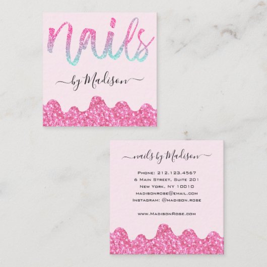 グラムホットピンクグリッタードリップス爪、 ネイルマニキュアサロン スクエア名刺 (正面/裏面)