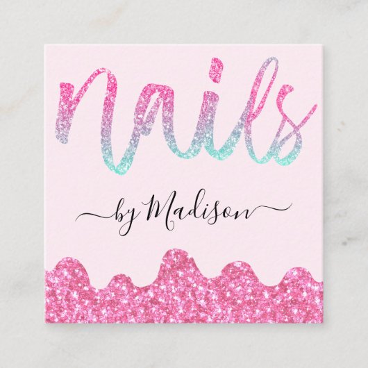 グラムホットピンクグリッタードリップス爪、 ネイルマニキュアサロン スクエア名刺 (正面)
