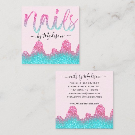 グラムホットピンクグリッタードリップス爪、 ネイルマニキュアサロン スクエア名刺 (正面/裏面)