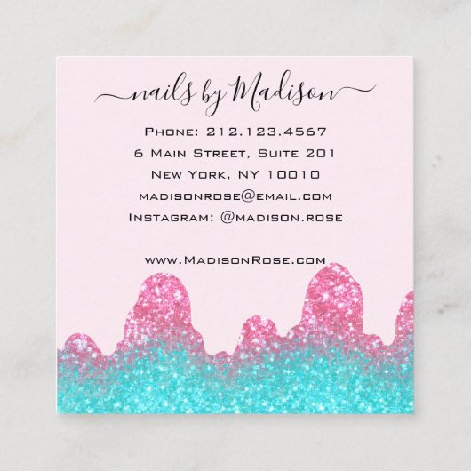 グラムホットピンクグリッタードリップス爪、 ネイルマニキュアサロン スクエア名刺 (裏面)