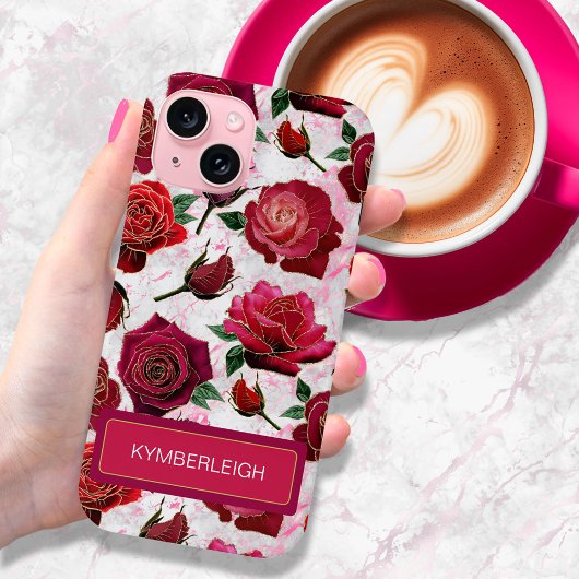 グラムホットピンクパープルバラ大理石モノグラム名 Case-Mate iPhoneケース