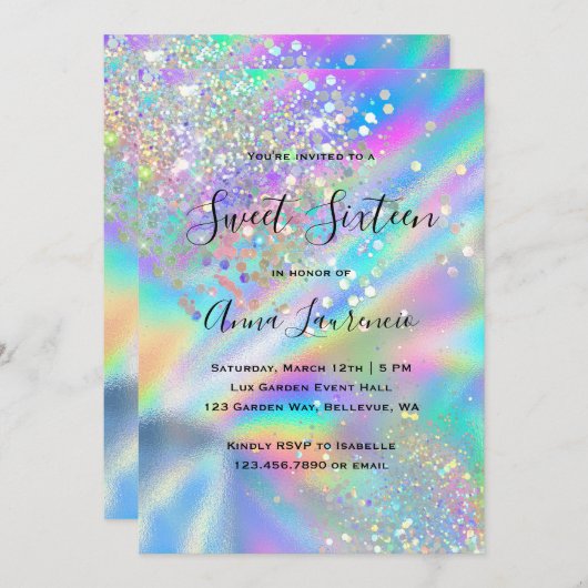 グラムホロフフェイクィックグリッタースウィート16誕生日 招待状 (正面/裏面)