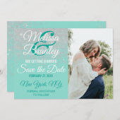 グラムホワイトグリッタースパークティール(緑がかった色)日付を保存 招待状 (正面/裏面)