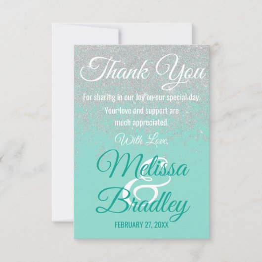 グラムホワイトグリッタースパークルズティール(緑がかった色)サンキュー サンキューカード (正面)