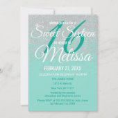 グラムホワイトグリッタースパークルズティール(緑がかった色)スウィート16 招待状 (正面)