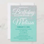 グラムホワイトグリッタースパークルティール(緑がかった色)バースデーパーティー 招待状 (正面)