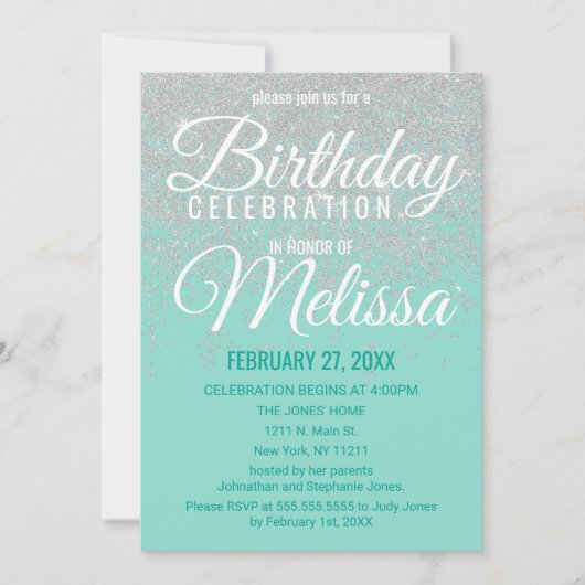 グラムホワイトグリッタースパークルティール(緑がかった色)バースデーパーティー 招待状 (正面)