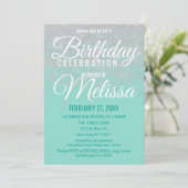 グラムホワイトグリッタースパークルティール(緑がかった色)バースデーパーティー 招待状 (スタンド正面)