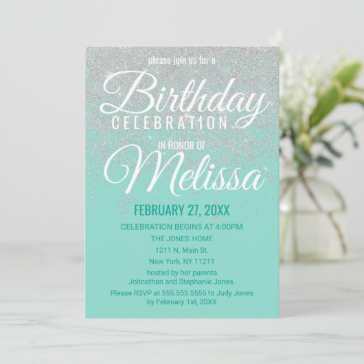 グラムホワイトグリッタースパークルティール(緑がかった色)バースデーパーティー 招待状 (スタンド正面)
