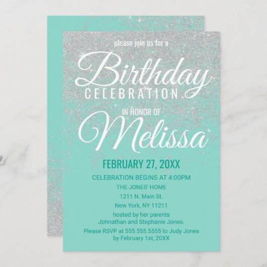 グラムホワイトグリッタースパークルティール(緑がかった色)バースデーパーティー 招待状 (正面/裏面)