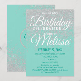グラムホワイトグリッタースパークルティール(緑がかった色)バースデーパーティー 招待状