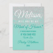 グラムホワイトグリッタースパークルティール(緑がかった色)メイド・オブ・オーナー(花嫁付き添い人) 招待状 (正面)
