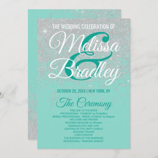 グラムホワイトグリッタースパークルティール（緑がかった色）結婚式 プログラム (正面/裏面)