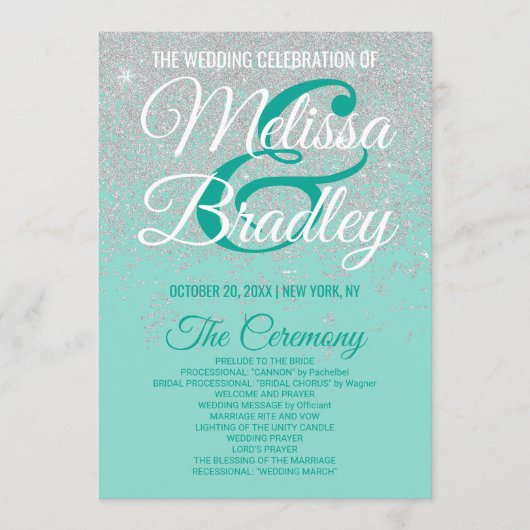 グラムホワイトグリッタースパークルティール(緑がかった色)結婚式 プログラム (正面)