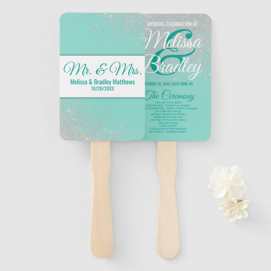 グラムホワイトグリッタースパークルティール(緑がかった色)結婚式 プログラム ハンドファン (正面&裏面)