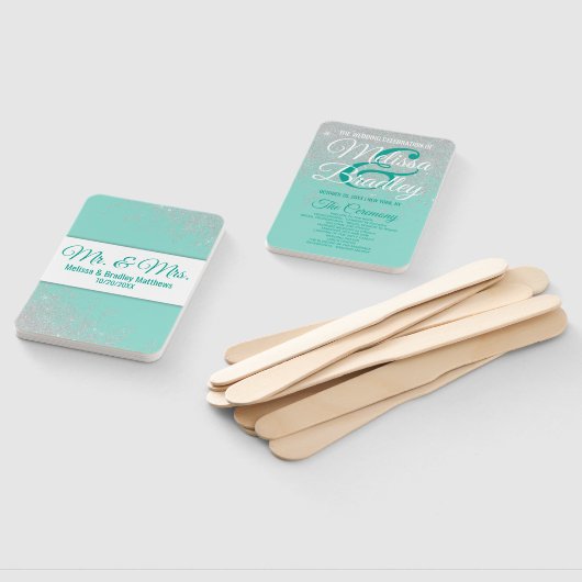 グラムホワイトグリッタースパークルティール（緑がかった色）結婚式 プログラム ハンドファン (組立なし)