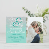 グラムホワイトグリッター 輝くターコイズ Save the Dates 招待状 (スタンド正面)