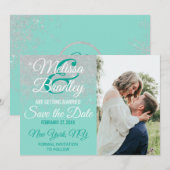 グラムホワイトグリッター 輝くターコイズ Save the Dates 招待状 (正面/裏面)