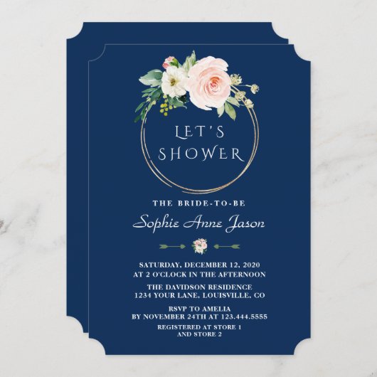 グラムホワイトフラワーズ金ゴールドフレームブルーブライダルシャワー 招待状 (正面/裏面)