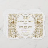 グラムホワイト金ゴールドアールデコピーコックス50誕生日 招待状 (正面/裏面)