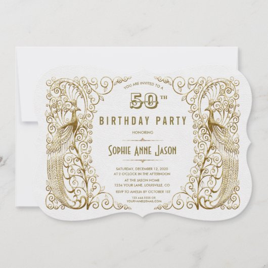 グラムホワイト金ゴールドアールデコピーコックス50誕生日 招待状 (正面)
