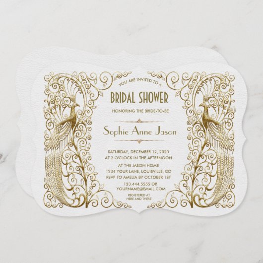 グラムホワイト金ゴールドアールデコピーコックブライダルシャワー 招待状 (正面/裏面)