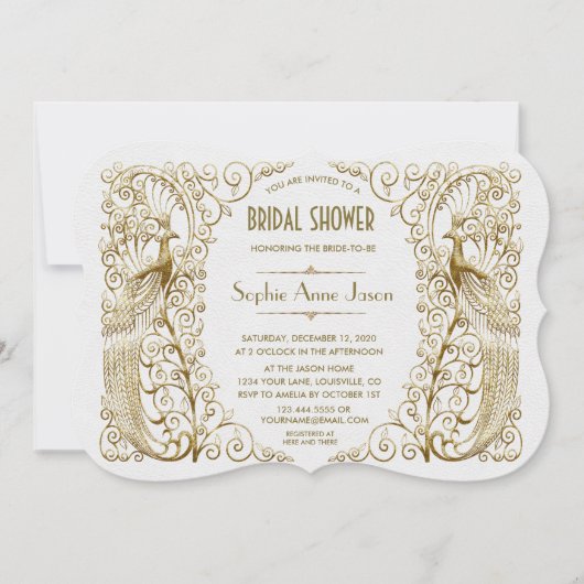 グラムホワイト金ゴールドアールデコピーコックブライダルシャワー 招待状 (正面)