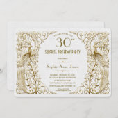 グラムホワイト金ゴールドアールデコピーコック誕生日招待状 招待状 (正面/裏面)