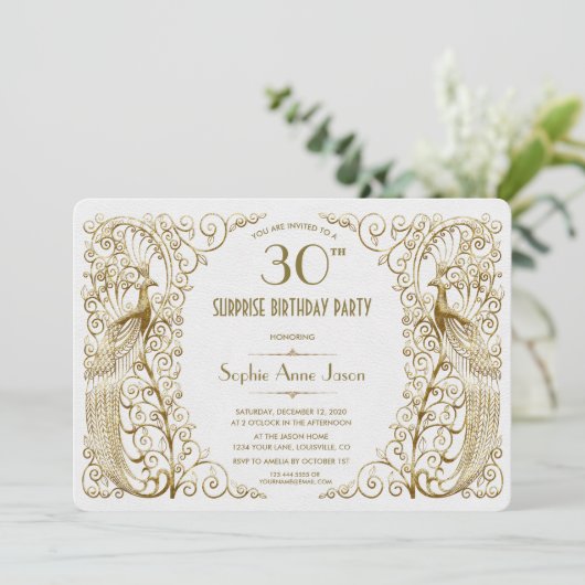 グラムホワイト金ゴールドアールデコピーコック誕生日招待状 招待状 (スタンド正面)