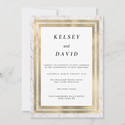 グラムホワイト金ゴールドグリッター大理石エレガントな結婚式 招待状 (正面)