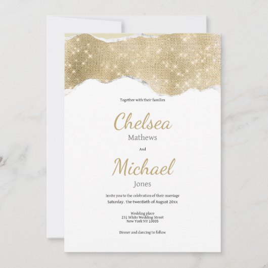 グラムホワイト金ゴールドシルバーグリッターラグジュアリー結婚ズ 招待状 (正面)