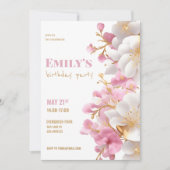 グラムホワイト金ゴールドピンクエレガントフローラ誕生日 招待状 (正面)