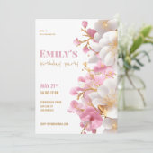 グラムホワイト金ゴールドピンクエレガントフローラ誕生日 招待状 (スタンド正面)