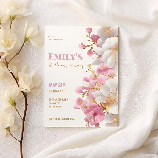 グラムホワイト金ゴールドピンクエレガントフローラ誕生日 招待状