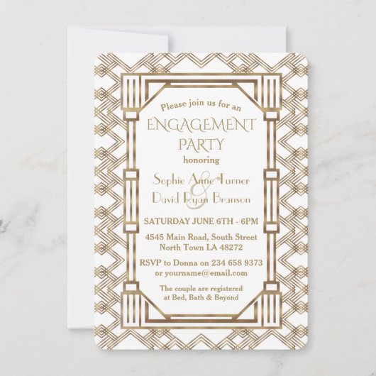 グラムホワイト金ゴールド素晴らしギャツビー婚約パーティ 招待状 (正面)