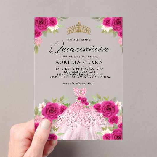 グラムマゼンタピンクドレスフローラ15thキンセアニラ アクリル招待状 (インサイチュ (ポータブル))