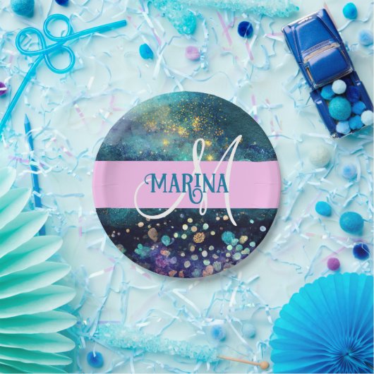 グラムマーメイドアクア金ゴールドグリッタースパークルスモノグラム ペーパープレート (パーティー)