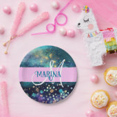 グラムマーメイドアクア金ゴールドグリッタースパークルスモノグラム ペーパープレート (パーティー)