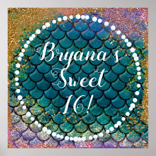 グラムマーメイドフィッシュはかりで測ティール(緑がかった色)パープル金ゴールドスパークル ポスター (正面)