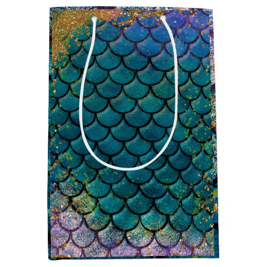 グラムマーメイドフィッシュはかりで測ティール（緑がかった色）パープル金ゴールドスパークル ミディアムペーパーバッグ (正面)