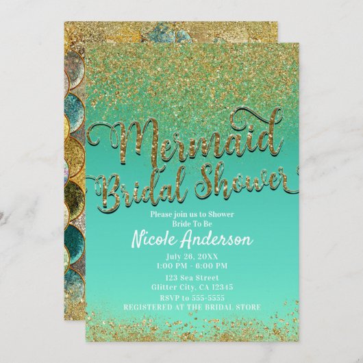 グラムマーメイドブライダルシャワー金ゴールドグリッター&ティール(緑がかった色) 招待状 (正面/裏面)