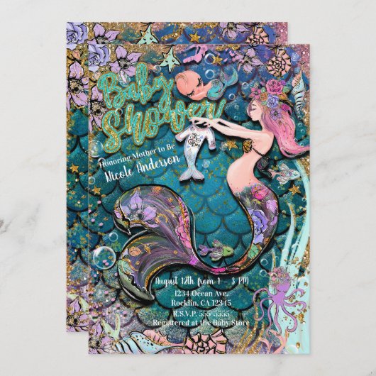 グラムマーメイド金ゴールドグリッターボーイズベビーシャワー 招待状 (正面/裏面)