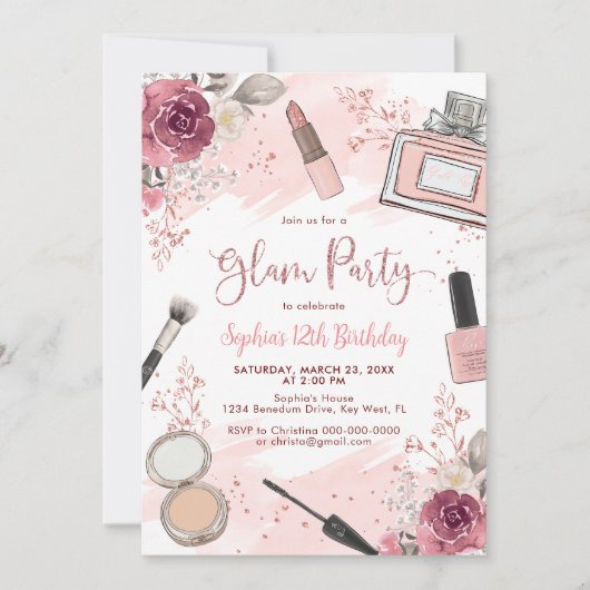 グラムメイクアップバースデーパーティー赤面ピンクスパパーティー 招待状 (正面)