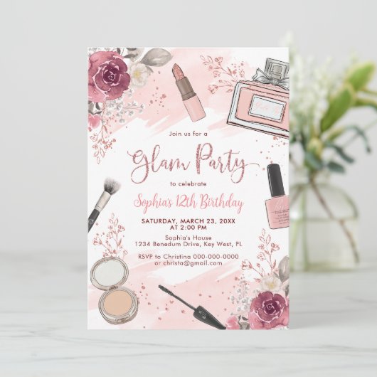 グラムメイクアップバースデーパーティー赤面ピンクスパパーティー 招待状 (スタンド正面)