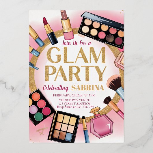 グラムメイクアップ誕生日パーティー赤面ピンクフォイルインビタ 箔招待状 (正面)