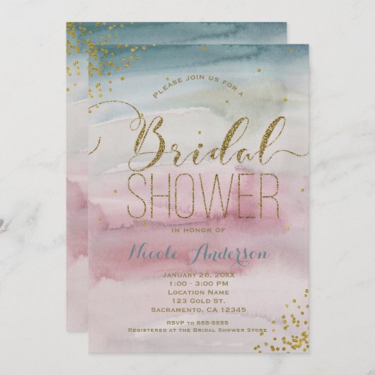 グラムモダンウォーターカラー金ゴールド紙吹雪ブライダルシャワー 招待状 (正面/裏面)