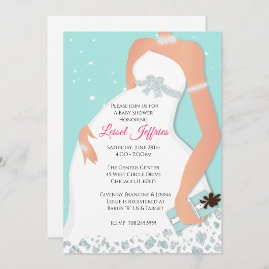 グラムモダングリッターティール（緑がかった色）ベビーシャワー招待状 招待状 (正面/裏面)