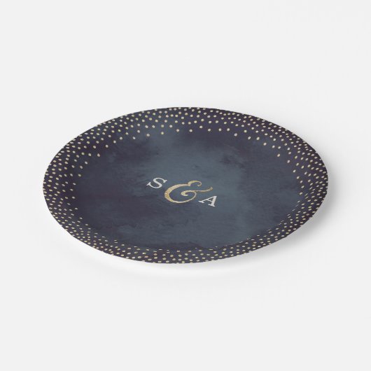 グラムモダンナイトフェイク金ゴールドグリッターモノグラム ペーパープレート (アングル)